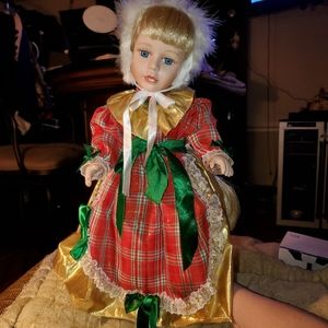 Vintage Porcelain Christmas Doll With Stand